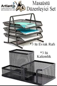 Masaüstü Evrak Rafı ve Metal Kalemlik Seti 3 lü Kombo 1 Paket Fileli Perfore Siyah Kalemlik Ataşlık Notluk Düzenleyici - 1