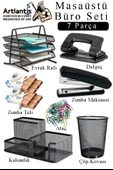 Masaüstü Büro Seti 7 Parça Siyah Metal Evrak Rafı Kalemlik 3 lü Zımba Makinesi Delegeç Ataşlık Notluk Düzenleyici - 1