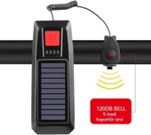 Güneş Enerjili USB Şarjlı LED Bisiklet Feneri 120dB Korna Su Geçirmez Ön Far Işığı - 6