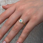 Gümüş Mavi Taşlı Gold Çiçek Kadın Yüzük SL11531 thumbnail 4