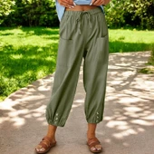 Beli Lastikli Düğmeli Keten pantolon - 1