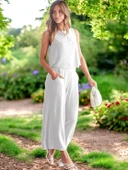 Yazlık Rahat Sırt Detaylı Kolsuz Keten Takım thumbnail 2