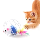 Renkli Metal Kafesli Peluş Fareli Kedi Köpek Oyuncağı Oyun Topu - 2
