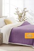 Sherpa Battaniye Çift Kişilik Çizgili Yumuşak Peluş Wellsoft Yatak Örtüsü Lila - 1