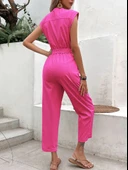 Keten Kadın V Yaka Tek Sıra Düğmeli Kolsuz Fuşya Tulum thumbnail 4