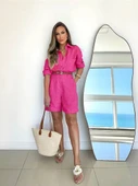 Keten Yazlık Uzun Kol Gömlek Şort İkili Fuşya Takım thumbnail 1