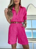 Keten Yazlık Uzun Kol Gömlek Şort İkili Fuşya Takım thumbnail 2