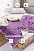 Sherpa Battaniye Çift Kişilik Çizgili Yumuşak Peluş Wellsoft Yatak Örtüsü Lila - 2
