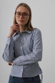 Yanları Büzgülü Çizgili Gömlek - Çizgili İndigo thumbnail 2