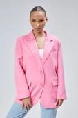 Pembe Kadın Düğmeli Oversize Blazer Ceket - 2