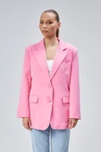 Pembe Kadın Düğmeli Oversize Blazer Ceket - 3