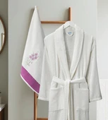 Bornoz - Nakışlı Havlu Seti Cora Bayan Krem L/XL+45x85cm thumbnail 2