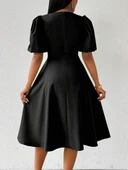 Lucky Life Kadın Kısa Lucky Life Kadın Balon Kollu Bisiklet Yaka Kiloş Janjan Krep Elbise thumbnail 4