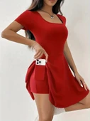 Lucky Life Kadın Kısa Kollu Kare Yaka Short Detaylı Cepli Dalgıç Elbise - 10
