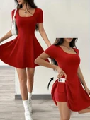 Lucky Life Kadın Kısa Kollu Kare Yaka Short Detaylı Cepli Dalgıç Elbise - 2