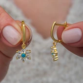 Lucky Life Gümüş Mavi Taşlı Gold Çiçek Kadın Küpe - 2