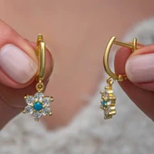 Lucky Life Gümüş Mavi Taşlı Gold Çiçek Kadın Küpe - 1