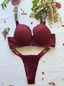 LOVE SECRET Mikro Kumaş Taşlı Askılı Dolgulu Sütyen ve Tanga kadınn iç çamaşır takımı - 1