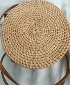 Çanta Bambu Rattan El Yapımı Deri Askı Kadın Hasır Omuz Çantası Taba Renk - 6