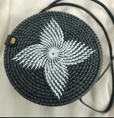 Çanta Çiçek Desenli Bambu Rattan El Yapımı Deri Askı Kadın Hasır Omuz Çantası Siyah Renk - 2