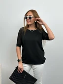 Kadın Yuvarlak Yaka Kol Örgü Detaylı Merserize Şık Siyah Bluz thumbnail 4