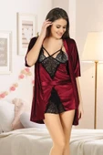 Yeni Sezon Rahat Zarif Kadın Büyüleyici Bordo Kadife Dantelli Sabahlık Gecelik Takım 2'li Set - 3