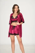 Yeni Sezon Rahat Zarif Kadın Büyüleyici Şık Fuşya Kadife Dantelli Sabahlık & Gecelik Takım 3'lü Set - 1