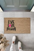 Dijital Baskı Kahverengi Pembe Kalpli Kılçıklı Love Meow Dekoratif Kapı Paspası K-2046 - 1