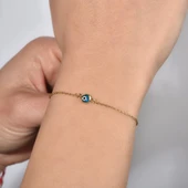 14 Ayar Altın Kaplama Minima Açık Mavi  Göz Boncuğu Gümüş Bileklik - CBS00121 thumbnail 1