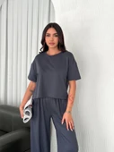 Osy Modal Yumuşak Dokulu Kumaş Bisiklet Yaka T-shirt Bol Paça Pantalon Ikili Takım -Antrasit - 4