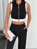 Osy Modal Yumuşak Dokulu Kumaş Tam Fermuarlı Crop Pantalon İkili Takım - Siyah - 3
