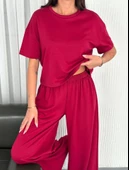 Osy Modal Yumuşak Dokulu Kumaş Bisiklet Yaka T-shirt Bol Paça Pantalon Ikili Takım -Bordo thumbnail 1