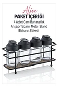 Alice Ahşap Tabanlı Metal Standlı 4'lü Çift Kapaklı Cam Baharatlık Seti - Tuzluk Biberlik - 3