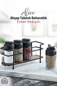 Alice Ahşap Tabanlı Metal Standlı 4'lü Çift Kapaklı Cam Baharatlık Seti - Tuzluk Biberlik - 1