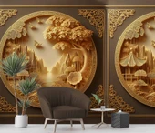 3D Kabartma Ahşap Oyma Sanatı Duvar Kağıdı Baskı thumbnail 4
