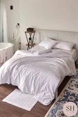 Sheri Home Tekstil Lüks Otel Nevresim Seti 83 Tel Çift Kişilik Çizgili Saten 2 Adet Yastık kılıfı TYy554555 - 5