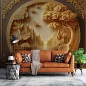 3D Kabartma Ahşap Oyma Sanatı Duvar Kağıdı Baskı thumbnail 1