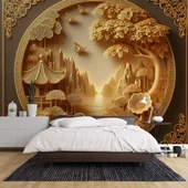 3D Kabartma Ahşap Oyma Sanatı Duvar Kağıdı Baskı thumbnail 2