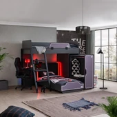 Ranzalı Oyuncu Odası, Gamer Ranza Ledli Karyola Masa Dolap 2 Adet Comfort Yatak - 2