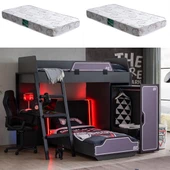 Ranzalı Oyuncu Odası, Gamer Ranza Ledli Karyola Masa Dolap 2 Adet Comfort Yatak - 1