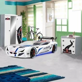 Formula Genç Odası - 3 Kapılı Dolap, Mercedes Full Ledli Arabalı Yatak, Şifonyer - Beyaz - 1