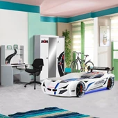 Formula Genç Odası - 3 Kapılı Dolap, Mercedes Full Ledli Arabalı Yatak, Masa - Beyaz - 1