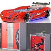 Formula Genç Odası - 3 Kapılı Dolap, Mercedes Full Ledli Arabalı Yatak, Masa - Kırmızı - 1