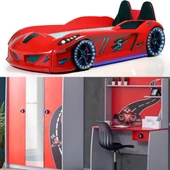 Formula Genç Odası - 3 Kapılı Dolap, Jaguar Full Ledli Arabalı, Masa - Kırmızı - 1