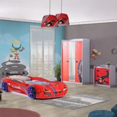 Formula Genç Odası - 3 Kapılı Dolap, Mercedes Full Ledli Arabalı Yatak, Masa - Kırmızı - 2