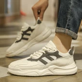 Erkek Günlük Spor Ayakkabı - Bağcıklı - Düz Taban (Bej - Gri) thumbnail 1