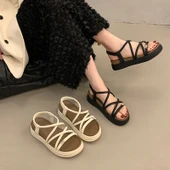 Kadın Platform Sandalet - Retro Roma Tarzı - Taşlı (Siyah) - 5