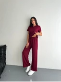 Lucky Life Kadın Yumuşak Dokulu Kumaş Kısa Kollu Lucky Life Kadın Yakalı T-shirt Pantalon Ikili Takım- Bordo - 2