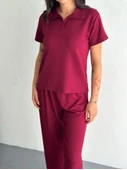 Lucky Life Kadın Yumuşak Dokulu Kumaş Kısa Kollu Lucky Life Kadın Yakalı T-shirt Pantalon Ikili Takım- Bordo - 1