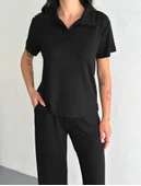 Lucky Life Kadın Yumuşak Dokulu Kumaş Kısa Kollu Lucky Life Kadın Yakalı T-shirt Pantalon Ikili Takım- Siyah - 2